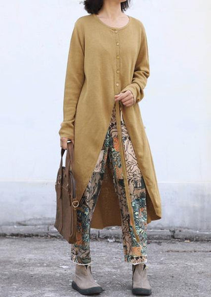 Aesthetic o neck knit outwear oversize yellow asymmetric knitted jackets - SooLinen