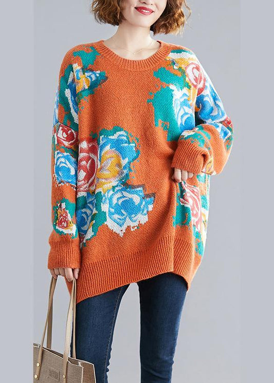 Aesthetic orange print knit tops o neck plus size knitwear - SooLinen