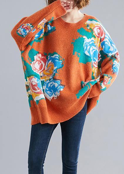 Aesthetic orange print knit tops o neck plus size knitwear - SooLinen