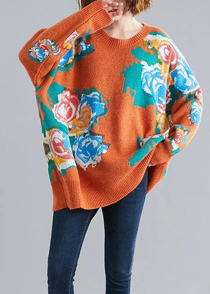 Aesthetic orange print knit tops o neck plus size knitwear - SooLinen