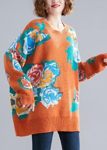 Aesthetic orange print knit tops o neck plus size knitwear - SooLinen