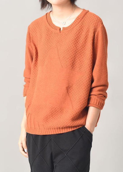 Aesthetic orange sweater fall fashion wild  knitted tops patchwork - SooLinen