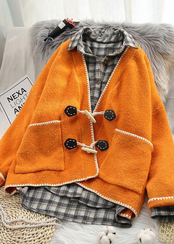 Aesthetic pink knit coats oversized v neck Horn buckle knit outwear - SooLinen