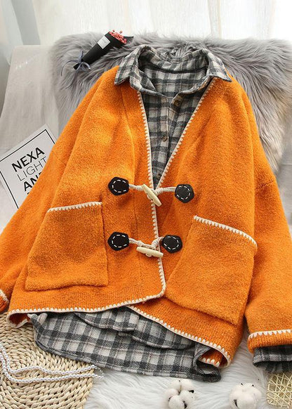 Aesthetic pink knit coats oversized v neck Horn buckle knit outwear - SooLinen