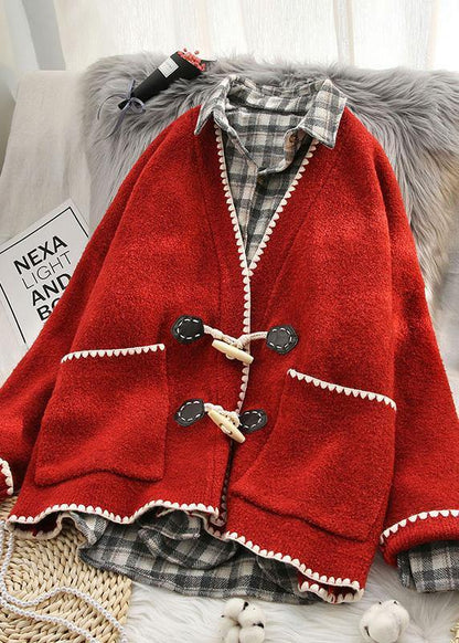 Aesthetic pink knit coats oversized v neck Horn buckle knit outwear - SooLinen