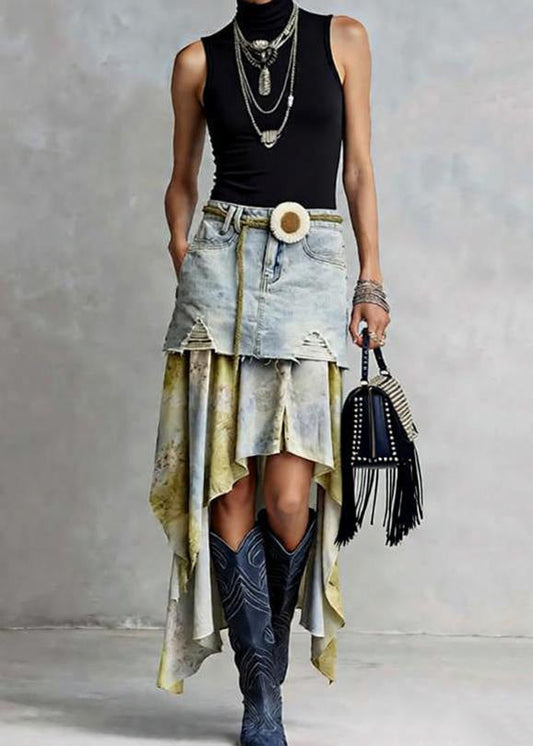 American Style Asymmetrical Tulle Patchwork Denim Skirts Spring