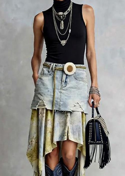 American Style Asymmetrical Tulle Patchwork Denim Skirts Spring