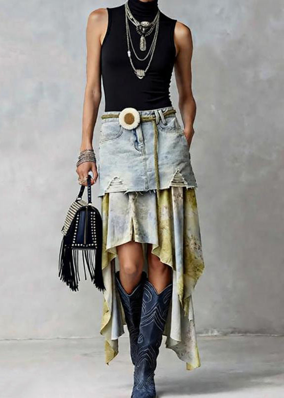 American Style Asymmetrical Tulle Patchwork Denim Skirts Spring