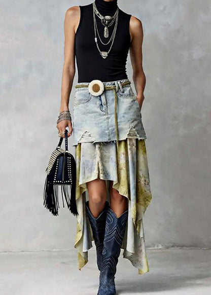American Style Asymmetrical Tulle Patchwork Denim Skirts Spring