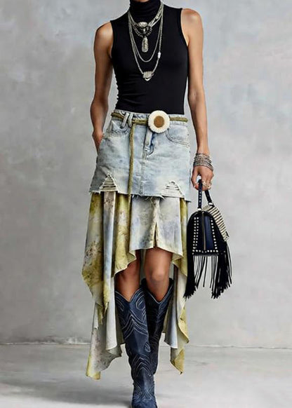 American Style Asymmetrical Tulle Patchwork Denim Skirts Spring