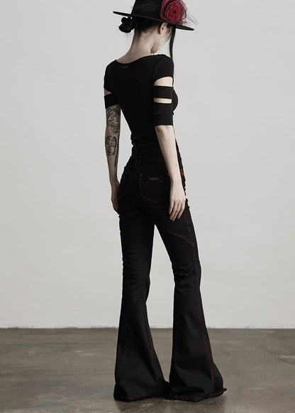 Pantalones acampanados de algodón con bolsillos bordados negros estilo americano primavera