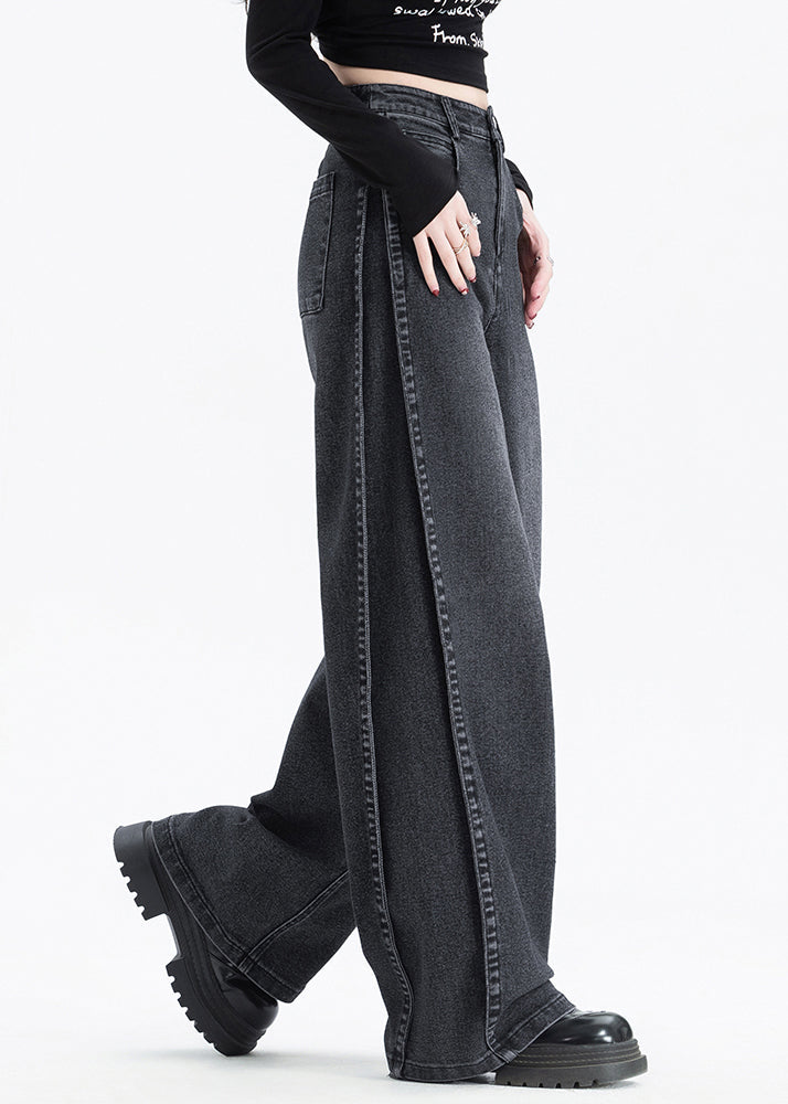 American Style Black Pockets High Waist Denim Pants Spring