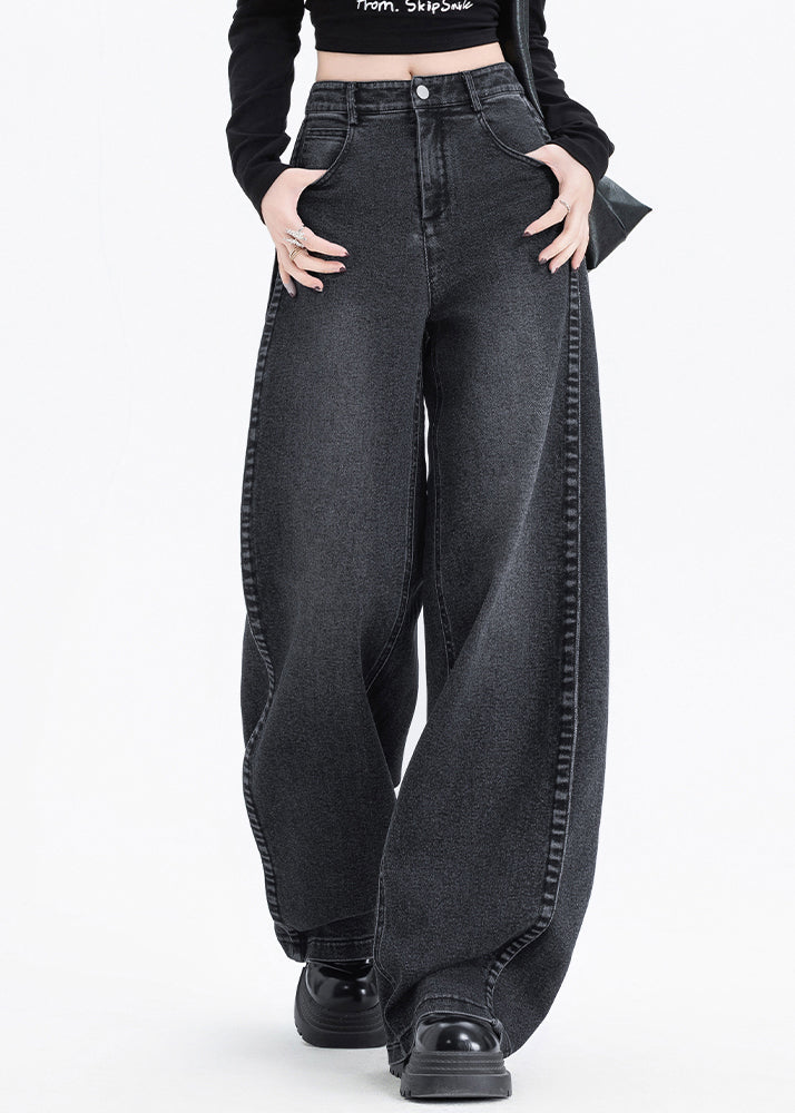 American Style Black Pockets High Waist Denim Pants Spring