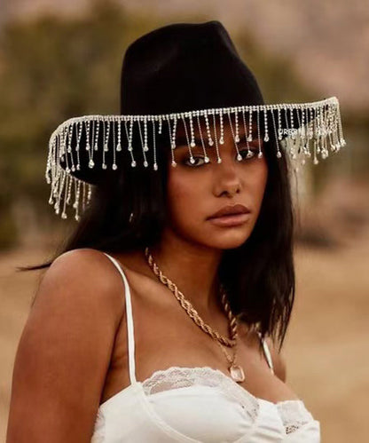 Sombrero de vaquero de lana con borlas negras estilo americano