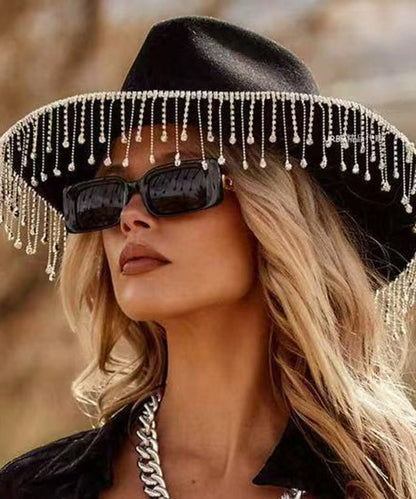 Sombrero de vaquero de lana con borlas negras estilo americano