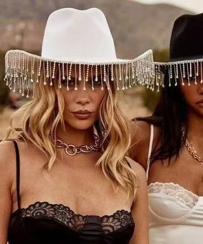 Sombrero de vaquero de lana con borlas negras estilo americano