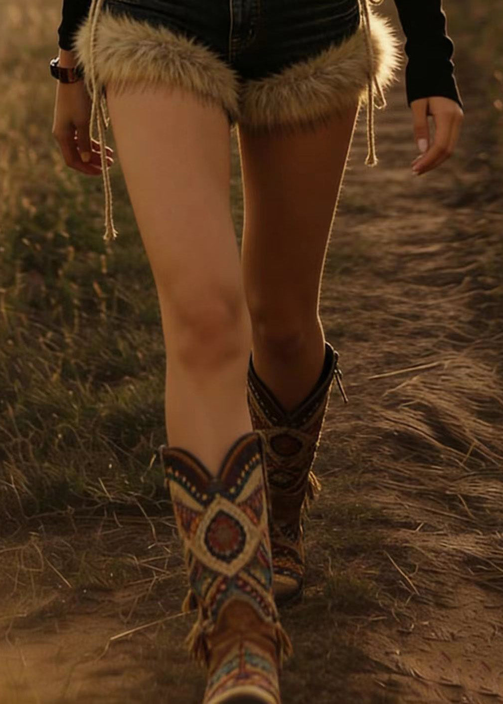 American Style Lace Up Fur Patchwork Denim Shorts Spring