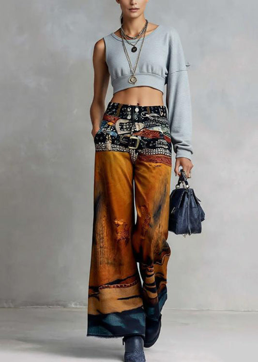American Style Paintings Print Denim Wide Leg Pants Spring