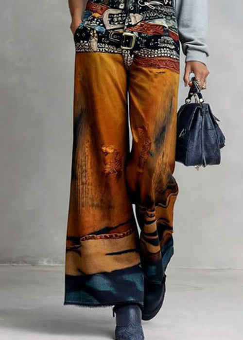 American Style Paintings Print Denim Wide Leg Pants Spring
