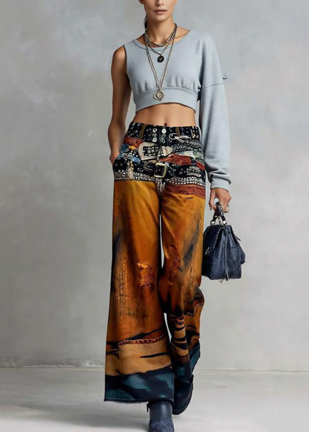 American Style Paintings Print Denim Wide Leg Pants Spring