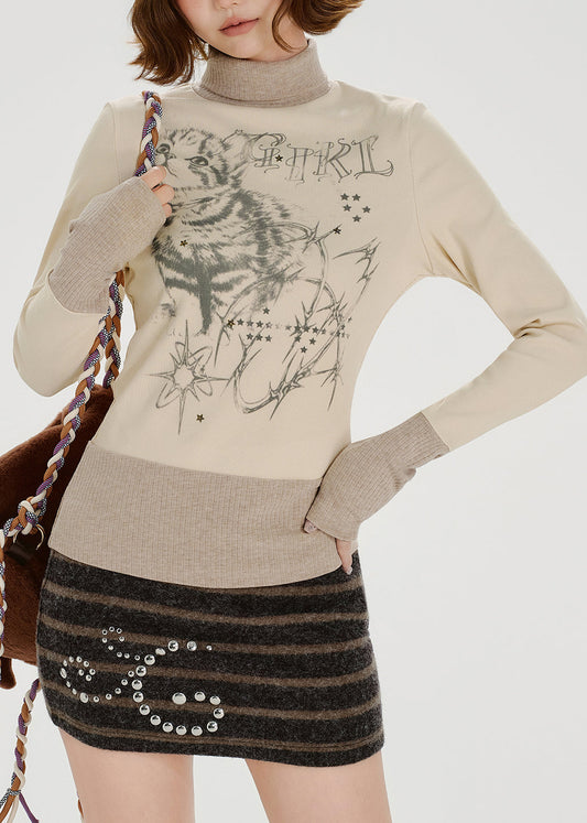 American Style Print Zircon High Neck Long Sleeved T-Shirt