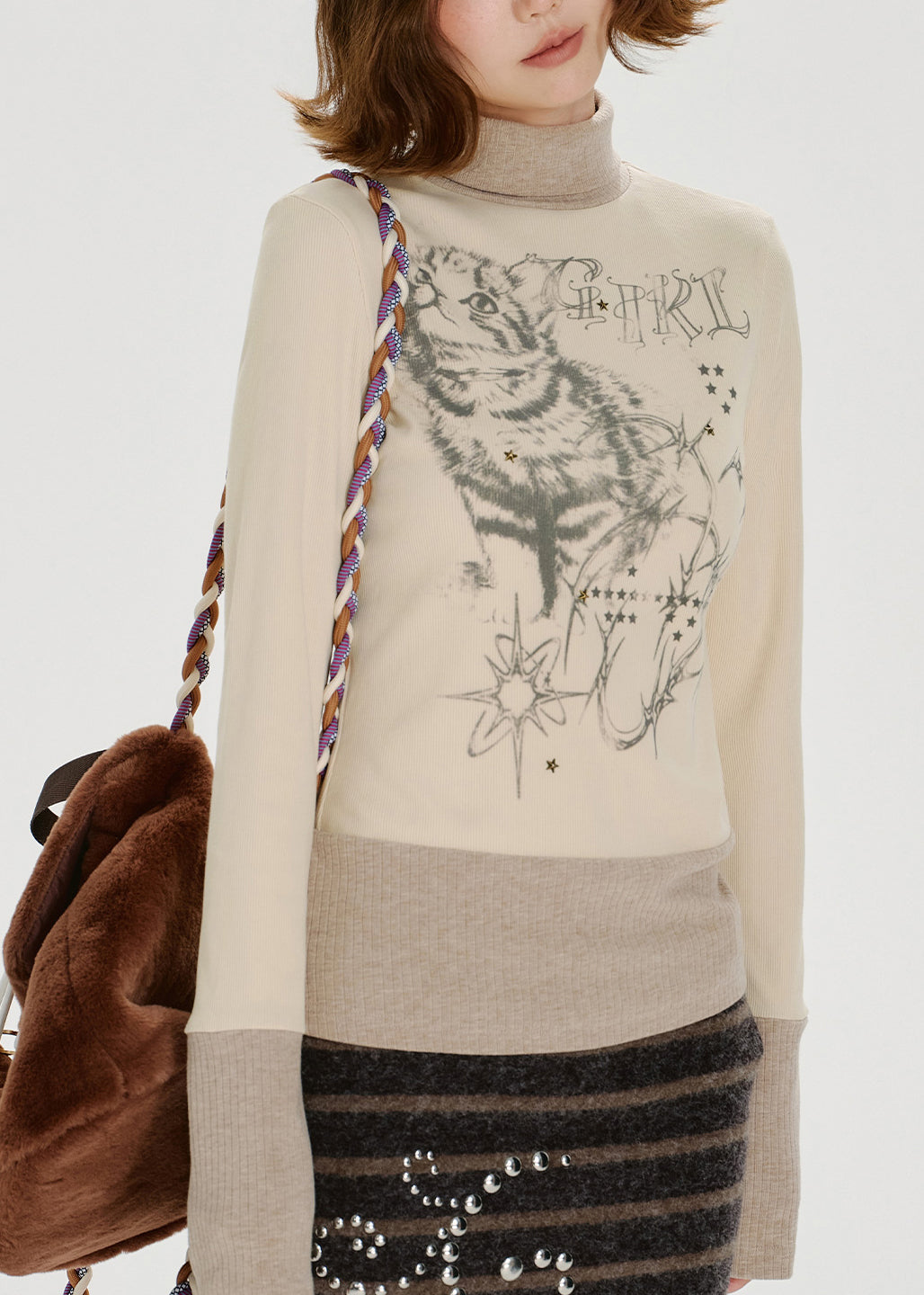 American Style Print Zircon High Neck Long Sleeved T-Shirt