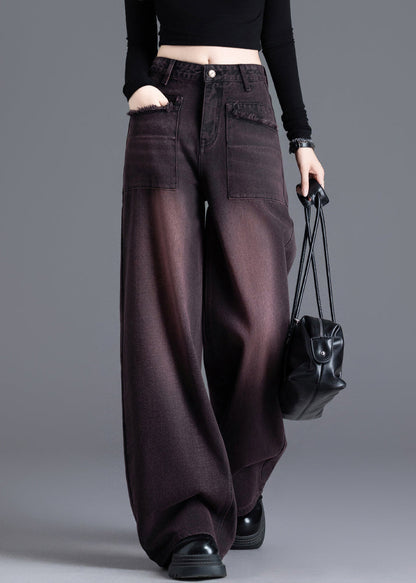 American Style Red Black High Waisted Warm Fleece Denim Wide Leg Pants Winter