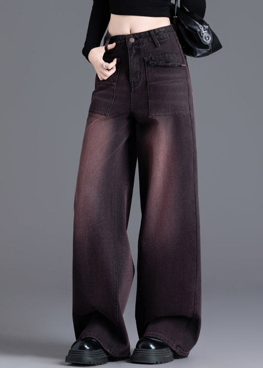 American Style Red Black High Waisted Warm Fleece Denim Wide Leg Pants Winter