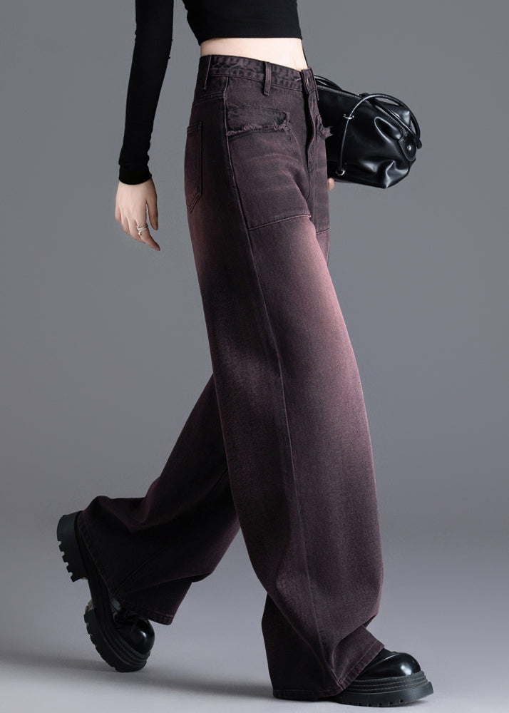 American Style Red Black High Waisted Warm Fleece Denim Wide Leg Pants Winter