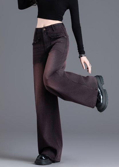 American Style Red Black High Waisted Warm Fleece Denim Wide Leg Pants Winter