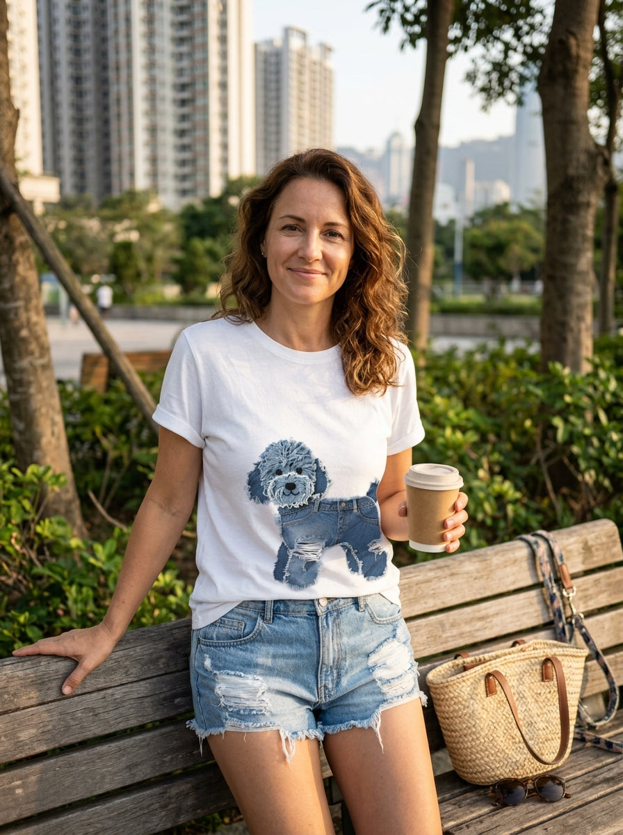 Camiseta holgada blanca de algodón con cuello redondo y estampado de perro para verano