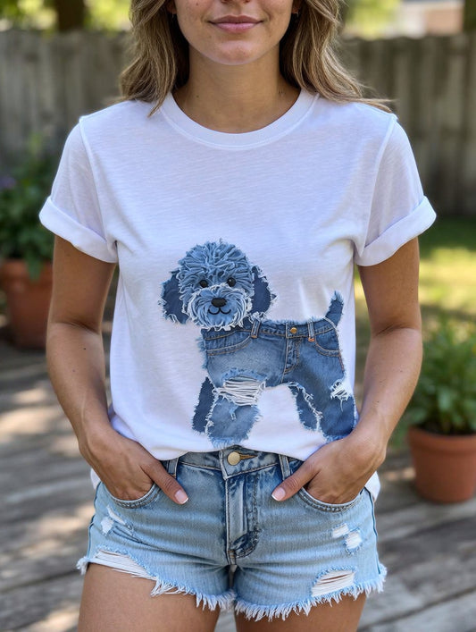 Loose White O Neck Dog Animal Cotton Shirt Top Summer
