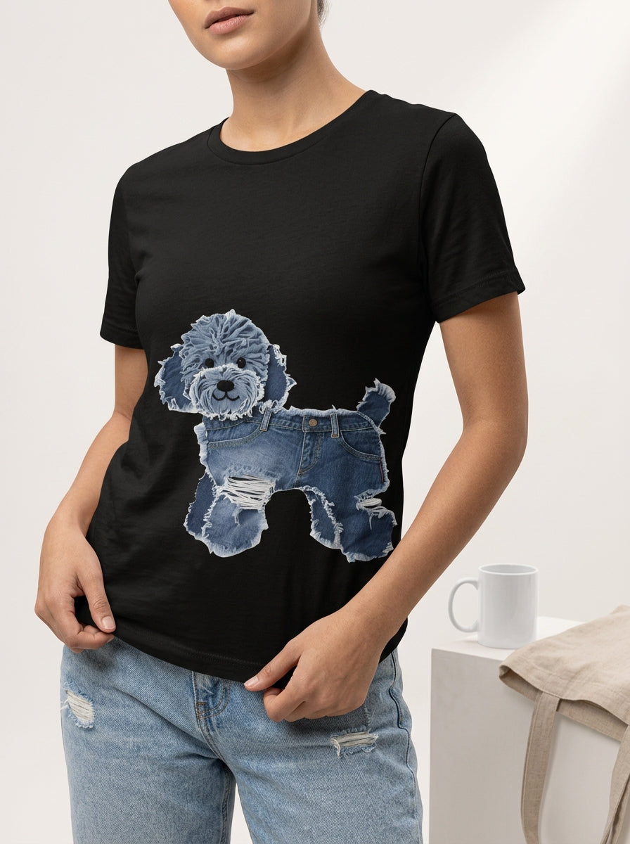 Camiseta holgada blanca de algodón con cuello redondo y estampado de perro para verano