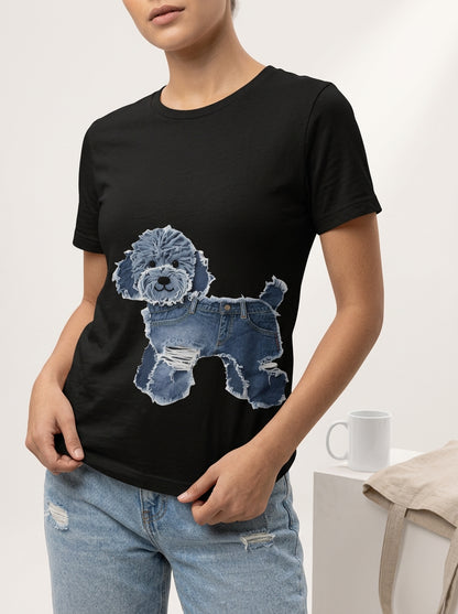 Camiseta holgada blanca de algodón con cuello redondo y estampado de perro para verano