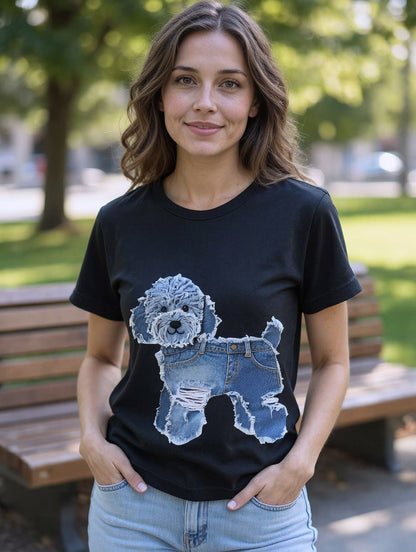 Camiseta holgada blanca de algodón con cuello redondo y estampado de perro para verano