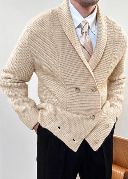 Apricot Button Cozy Cotton Knit Mens Coats Peter Pan Collar