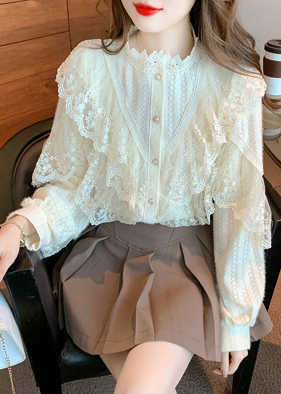 Camisa de encaje con diseño original de patchwork y botones de albaricoque con cuello alto