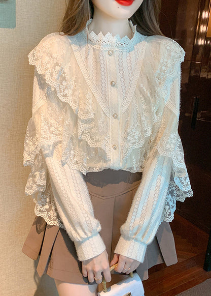 Camisa de encaje con diseño original de patchwork y botones de albaricoque con cuello alto