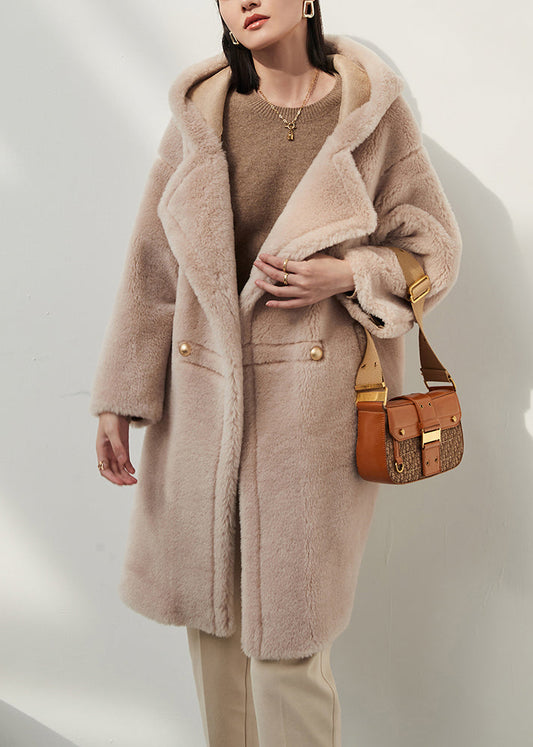 Apricot Button Pockets Woolen Winter Coat Hooded