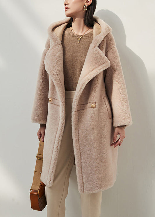 Apricot Button Pockets Woolen Winter Coat Hooded