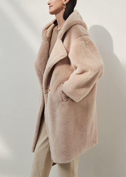 Apricot Button Pockets Woolen Winter Coat Hooded