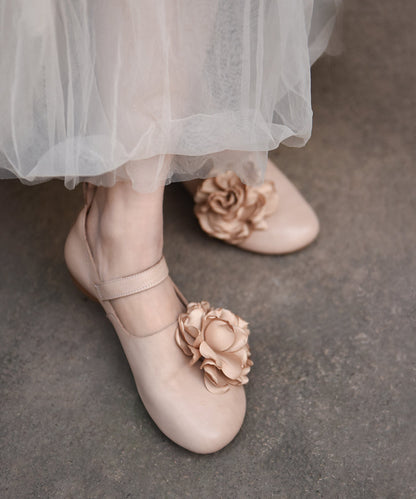 Apricot Cowhide Leather Flat Shoes Splicing Floral Buckle Strap