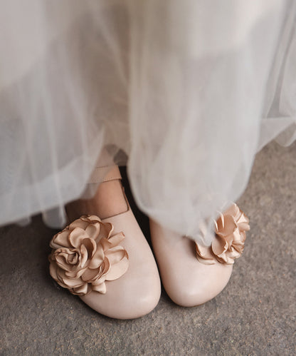Apricot Cowhide Leather Flat Shoes Splicing Floral Buckle Strap