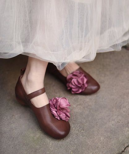 Apricot Cowhide Leather Flat Shoes Splicing Floral Buckle Strap