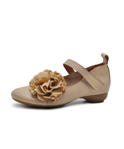 Apricot Cowhide Leather Flat Shoes Splicing Floral Buckle Strap