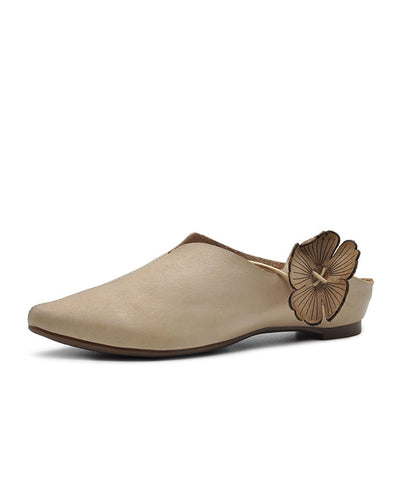 Apricot Cowhide Leather Sandals Splicing Floral Pointed Toe