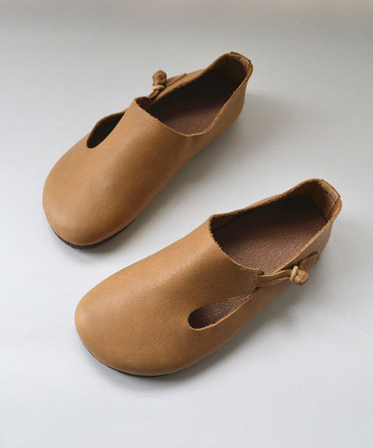 Apricot Cowhide Leather Splicing Flat Shoes For Women