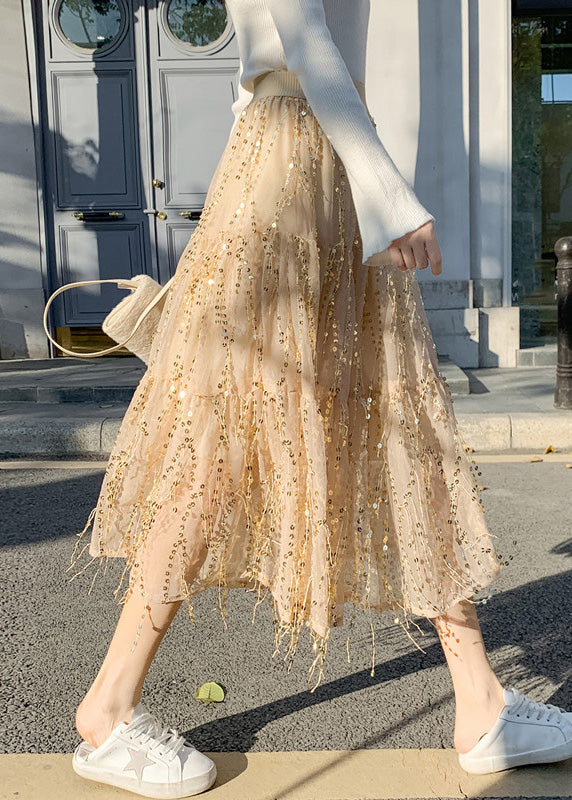 Apricot Elastische Taille Pailletten Tüll A-Linie Röcke Frühling