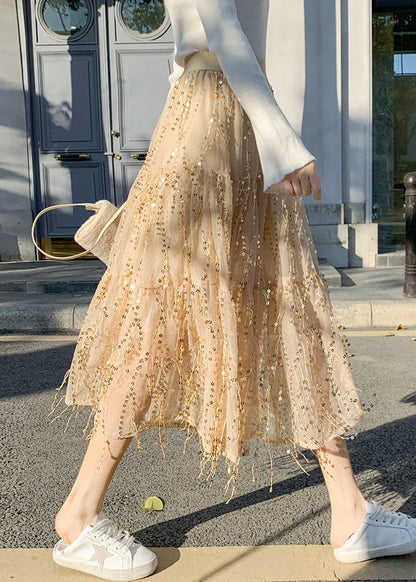 Apricot Elastische Taille Pailletten Tüll A-Linie Röcke Frühling