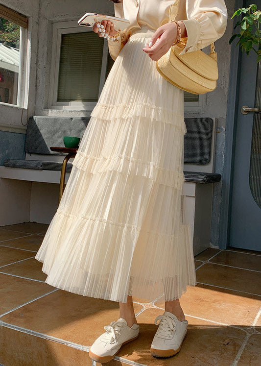 Apricot Elastische Taille Falten Tüll Kuchen Rock Frühling